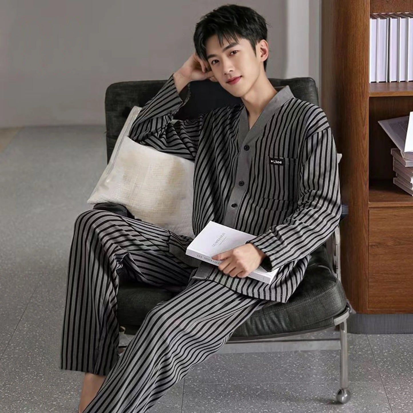 Pajamas for Men Spring and Autumn Long-Sleeved Young Men's Simple Casual Lapel Autumn and Winter Home Wear Set