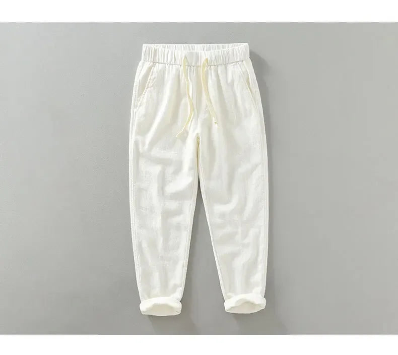 Men's Casual Harem Pants: Ankle-Length Linen Trousers in Vintage White, Brown, and Khaki - Breathable and Pleated for Comfort
