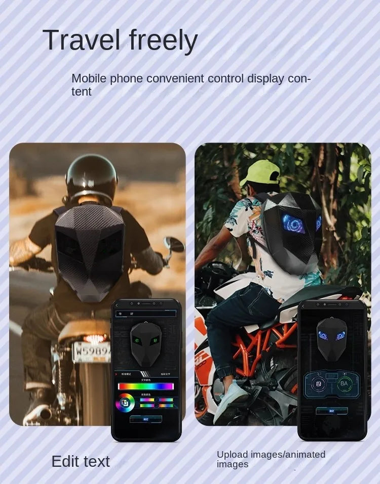 LED Motorcycle Rider Backpack Eyes Glow pattern carbon fiber texture helmet locomotive backpack school bag Moto Laptop backpack