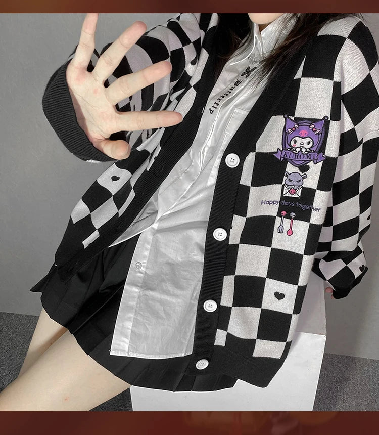 Anime Sanrioed Pompompurin Girls Cardigan Sweater Kawaii Kuromi Cinnamoroll Spring Autumn Knit Coat Loose Sweet Embroidery Tops