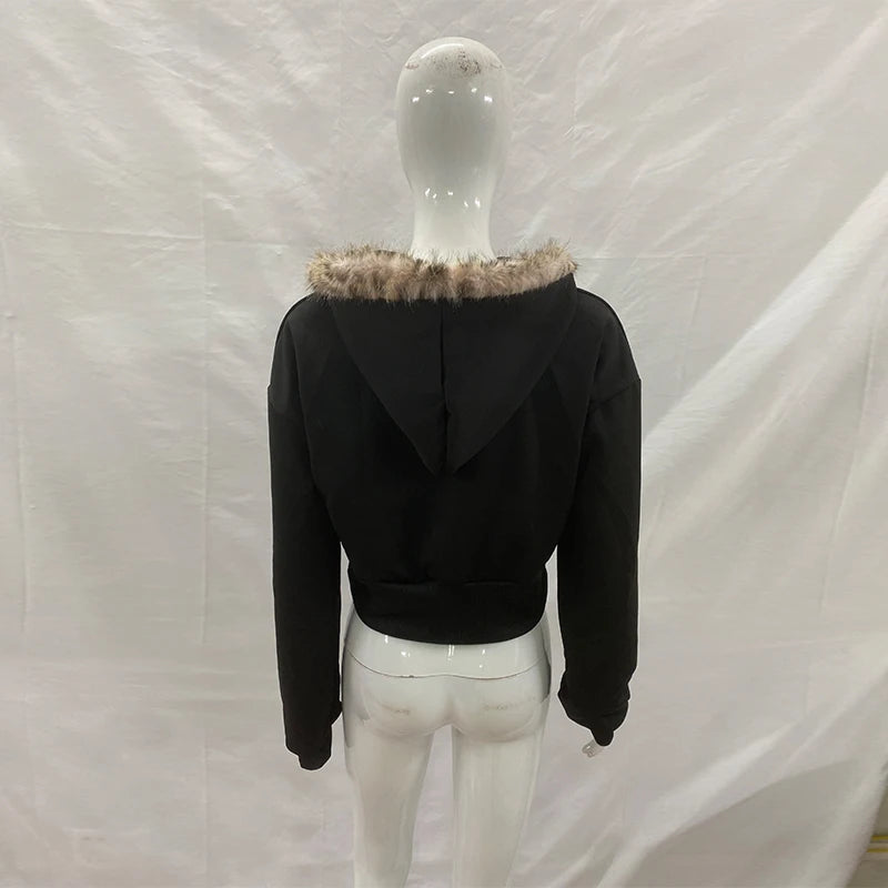Winter Warm Gothic Print Hoodie Women's Clothin Faux Fur Crop Top Zip-Up Sweatshirt Fashion Y2K Streetwear Hooded Jacket 2026New