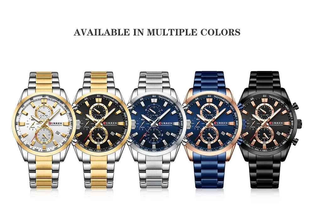 CURREN  New Sports Multifunction Stainless Steel Band Watches Fashion Brand Quartz Men's Wristwatches with Date