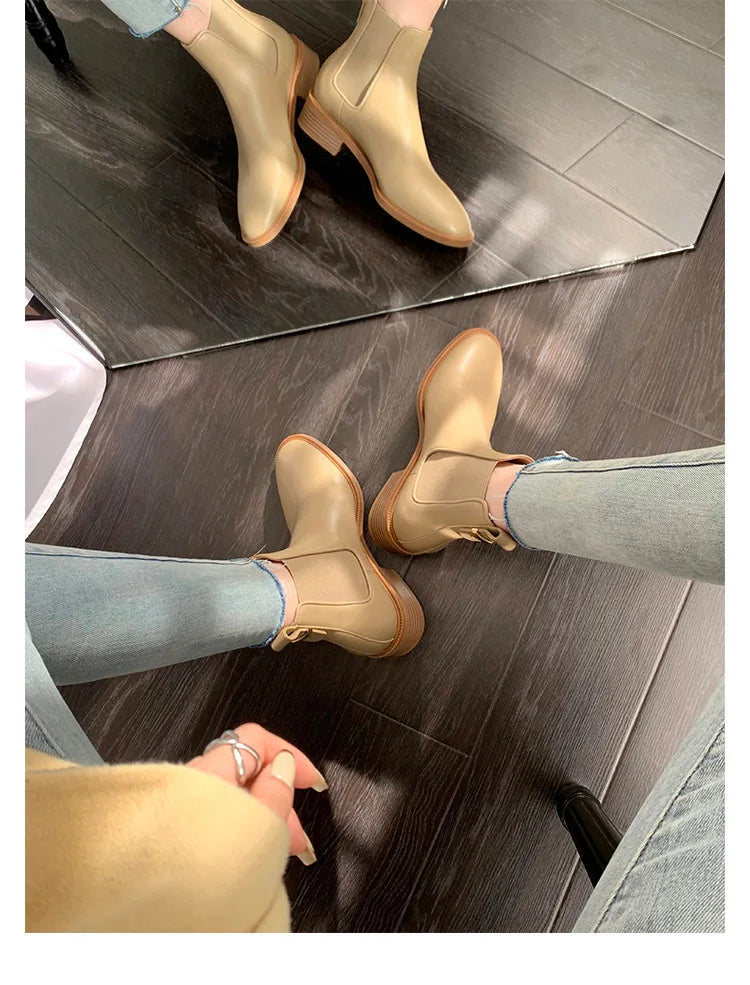 2026 Autumn/Winter Ankle Boots Women Basic Chelsea Botas Mujer Low Thick Heels Short Booties PU Leather Slip On Stretch Botines