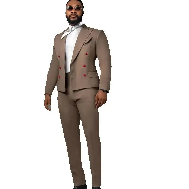 Brown Men Suits Set 2 Pcs Blazer+Pant Trousers Cotton Wedding Tuxedo Red Double Breasted Formal Office Groom Male Jacket Coat