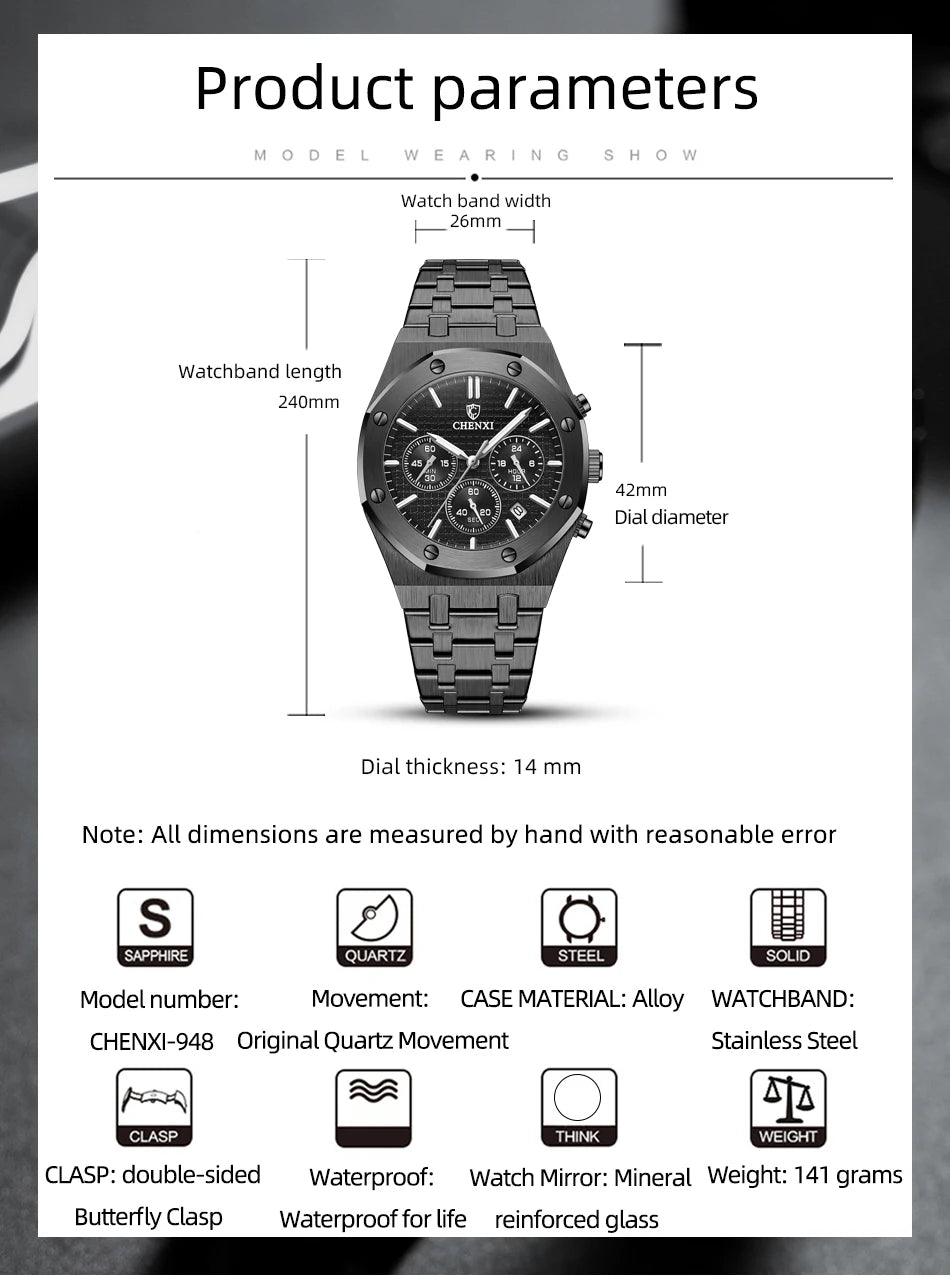 CHENXI Luxury Business Stainless Steel Men's Watches Quartz Movement Waterproof Round Dial Multifunctional Watch for Men