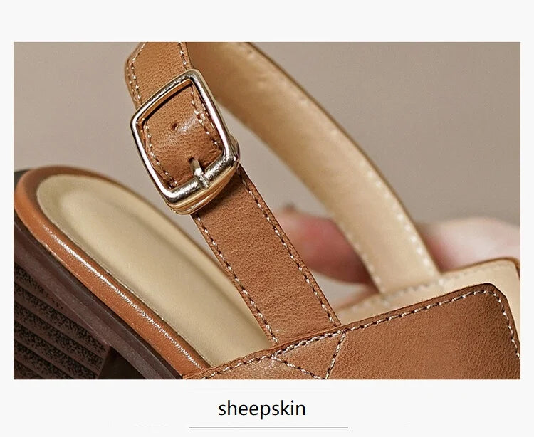 2025 Summer Women Shoes Square Toe Chunky Heel Women Sandals High Heels Ladies Shoes Casual Leather Shoes Women Genuine Leather