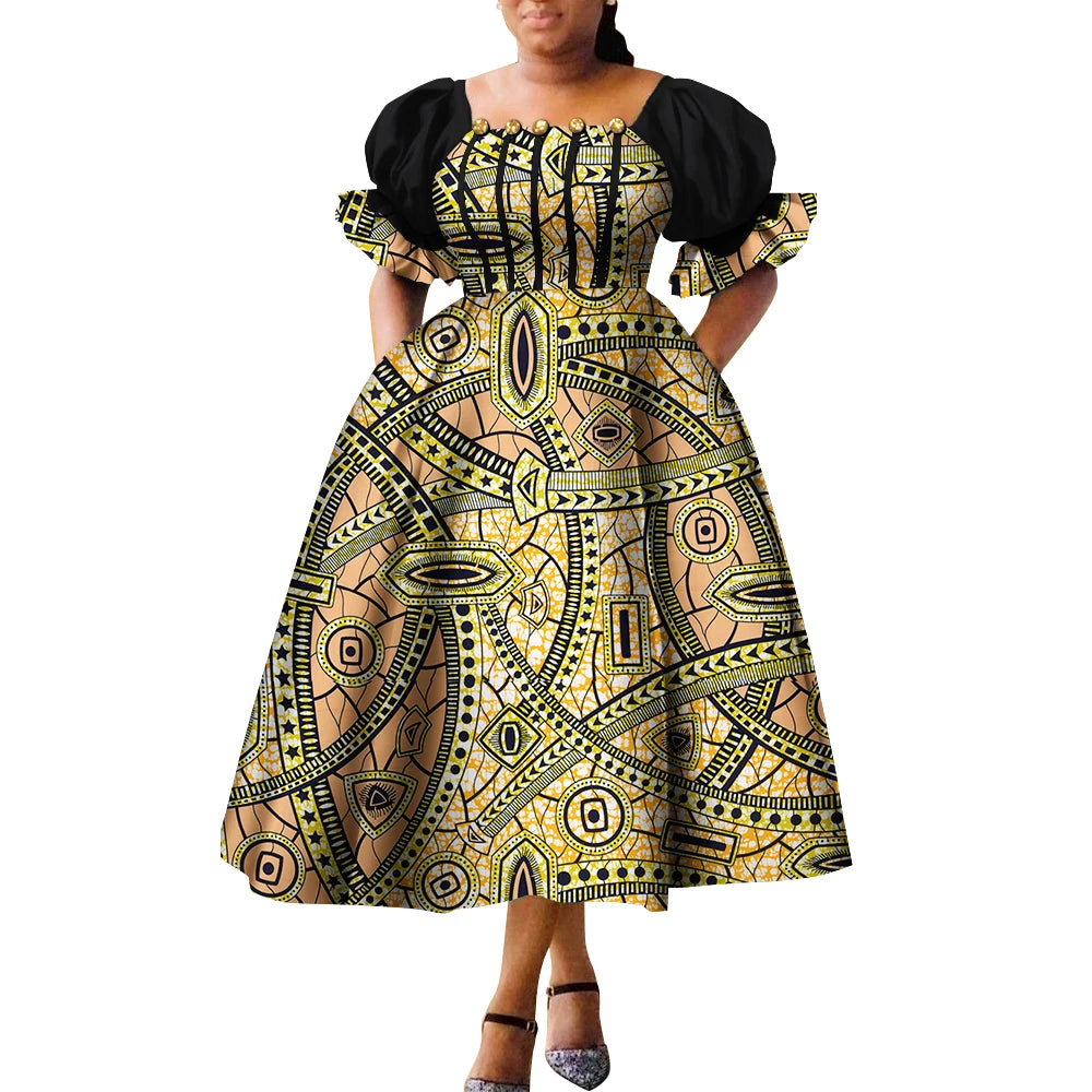 African Style Dresses for Women Puff Sleeve High Waist Gowns Ankara African Dress Princess Dress Robe Africaine Femme WY9970