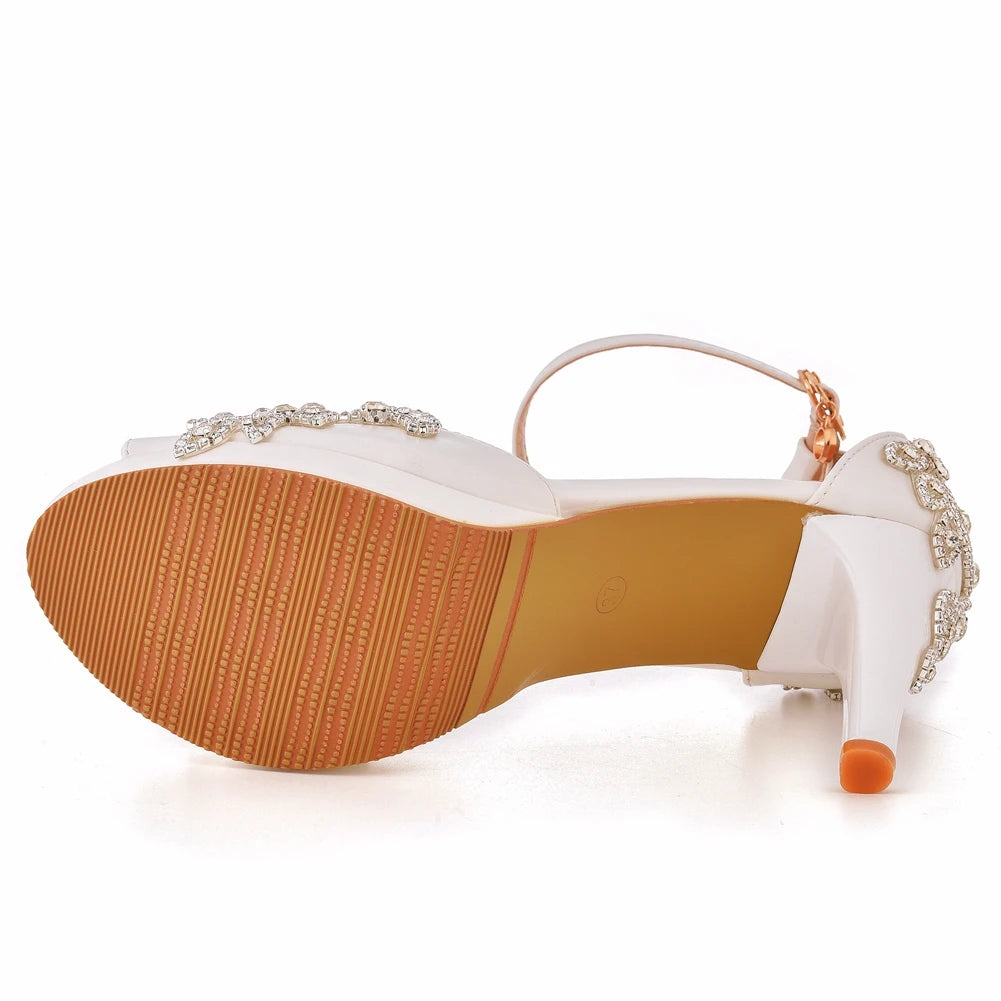 Women Wedding Shoes Bride Sandals White Rhinestones Silver Platform Dress Thin High Heels Ladies Pumps