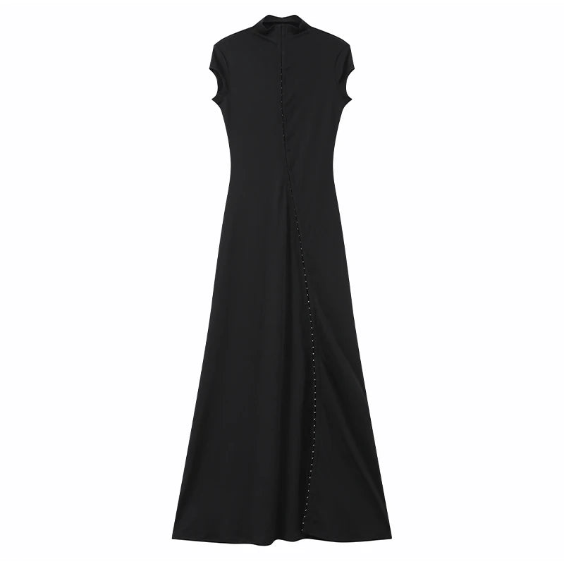 Y2k Black Hollow Out Slit Dress Women Solid Short Sleeve High Neck Slim Fit Maxi Dresses Lady Fashion Evening Party Club Robe