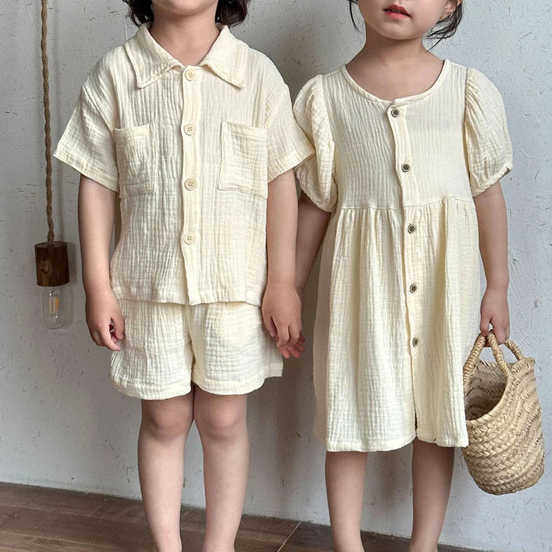 Children's Summer Clothing Set Boys' Short Sleeve Shirt Shorts 2pcs Casual Suit Girls' Solid Color Dress Sister Brother Outfit