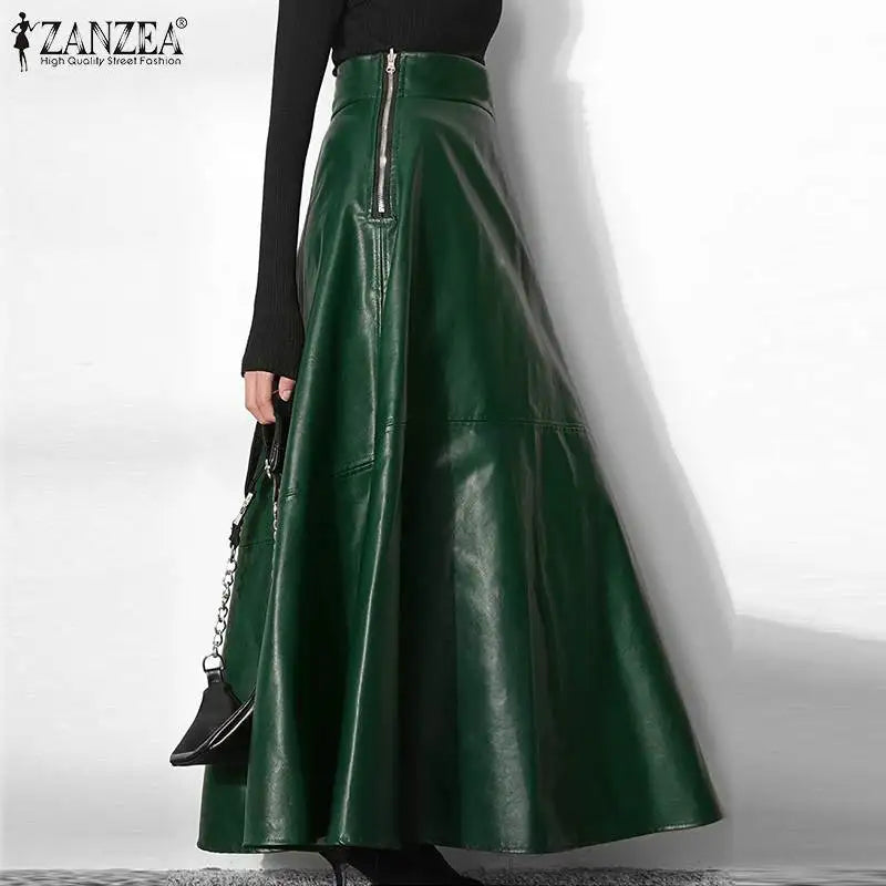 ZANZEA Women's PU Leather Maxi Skirt 2025 Autumn Elegant OL Long Saias Fashion Solid Mujer Faldas Casual High Waist Zipper Jupe