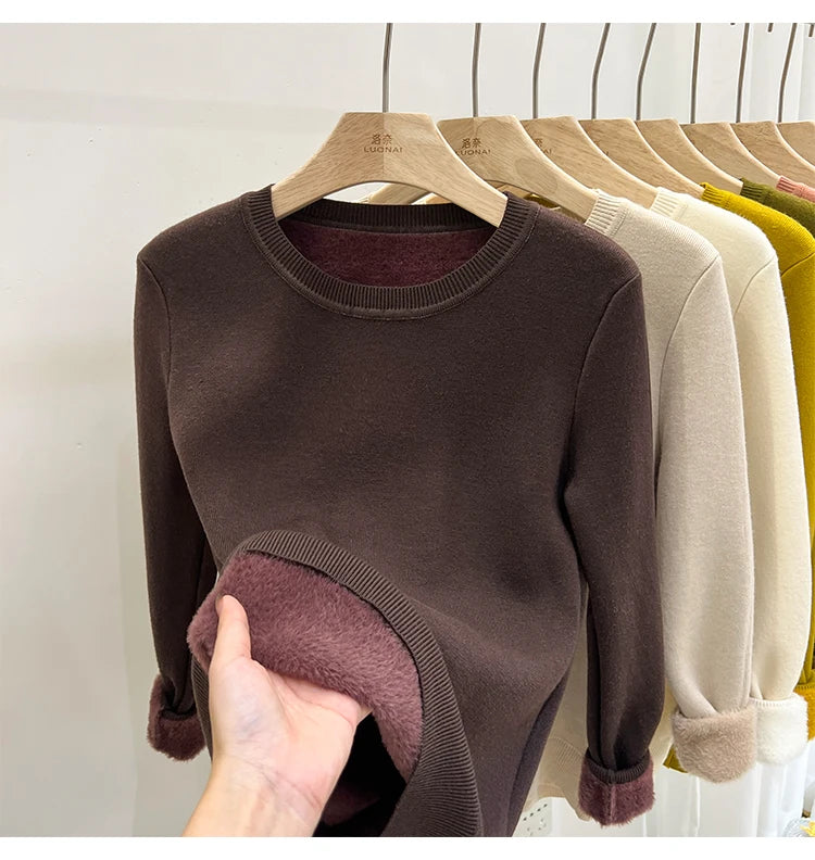 Women's O-neck Velvet Thicken Sweaters Winter Slim Warm Long Sleeve Knitted Tops Casual Plush Fleece Lined Soft Pullovers Ladies