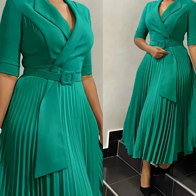 New Dashiki African Dresses for Women Spring Autumn Elegant Half Sleeve V-neck Pleated OL Style Midi Dress African Clothes Femme