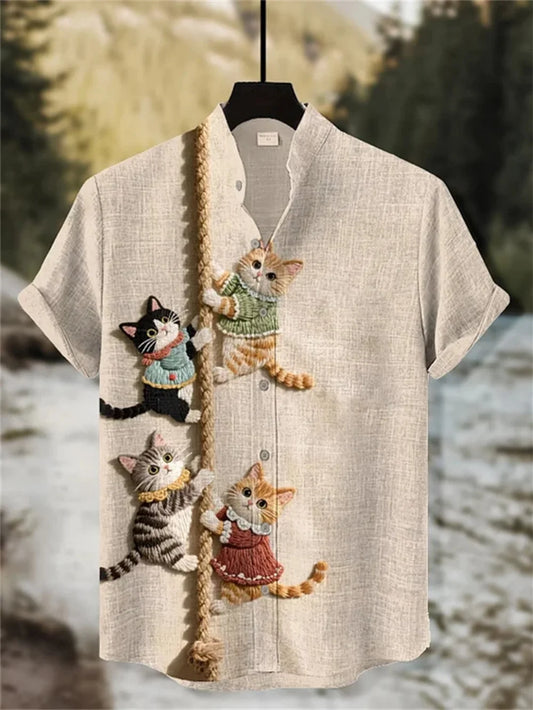 Men's Fashion Linen Shirt Cartoon Cat Print Stand up Collar Short Sleeve Street Casual Clothing Trendy Hot Selling