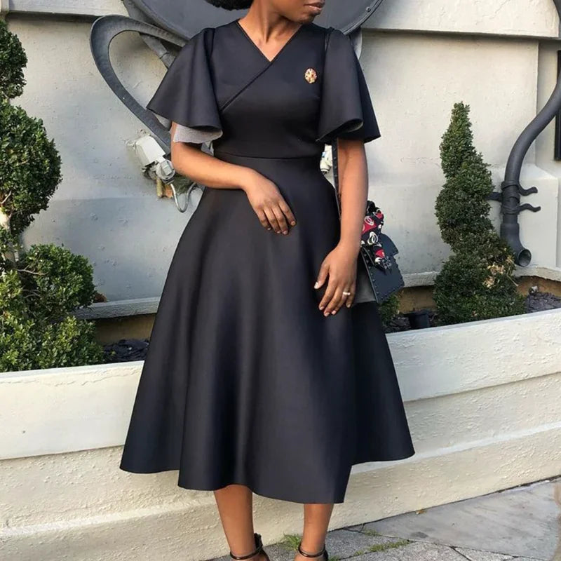 African Elegant A-line Midi Dress For Women Summer Fashion Casual Robe Femmes New Flare Sleeve Club Party Sexy Dresses Vestidos