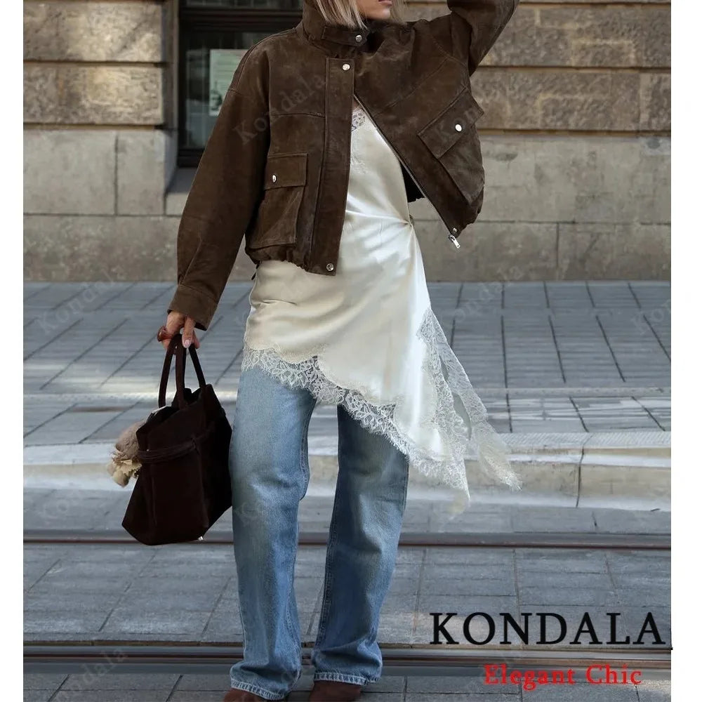 KONDALA Women Sexy High Street Lace Cami Short Dress Asymmetrical Dress 2025 Spring Autumn Fashion Party Dinner Date Mujer Dress