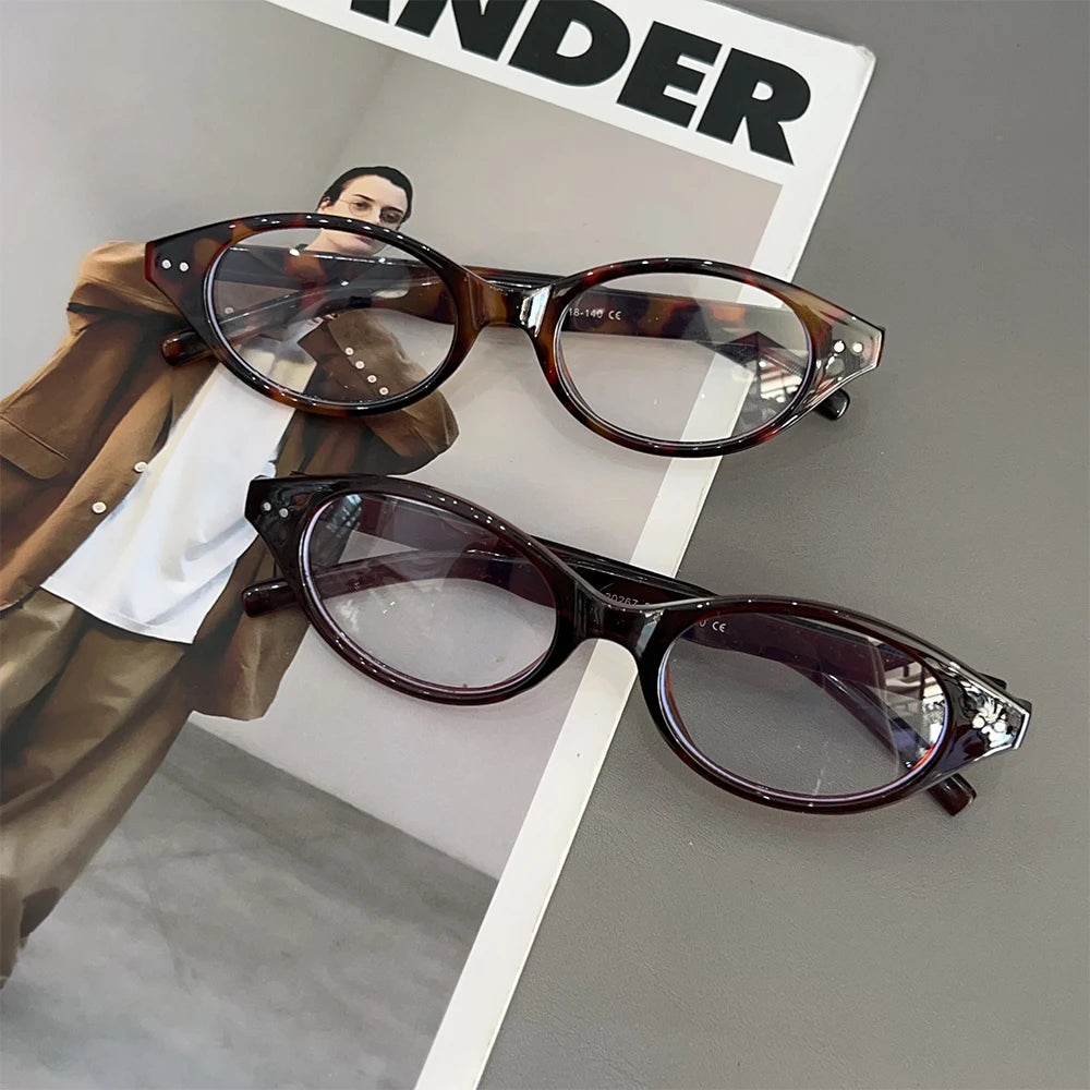 Y2K Retro Oval Frame Glasses Women Leopard Ins Sweet Cool Eyewear Trend Brand Reading Computer Anti Blue Light Eyeglasses BAZAARHUBO