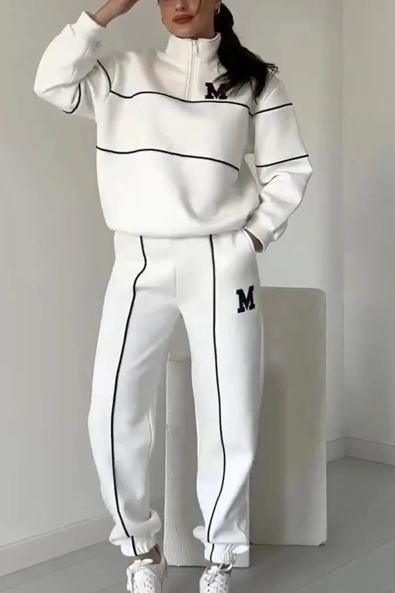Autumn Winter New Fashion Letter Print Sweatshirt Set Casual Zipper Half Open Collar Long-sleeve Top + Sweatpants Two-piece Suit BAZAARHUBO
