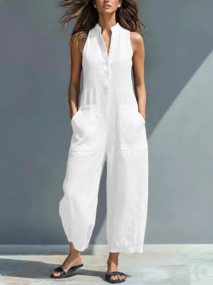 Summer Casual Sleeveless Stand Up Collar Pocket Jumpsuits Women Macacão Feminino Combinaison Femme Monos De Mujer Casuales