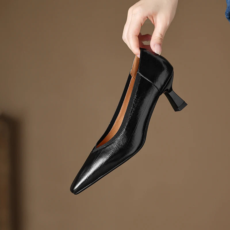 【JOCHEBED HU】Brand Genuine Leather Square Toe Women Pumps Slip Mid Heels Solid Color Dress Party Spring Autumn Shoes Handmade