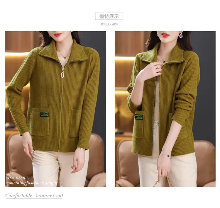 Knitted Cardigan Jacket Women Zipper Lapel Sweater Autumn Winter Outerwear