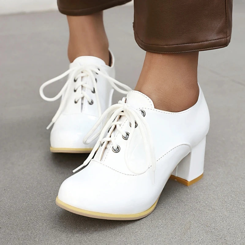 Women's Purple High Heels Loafer Shoes Fashion Lace-up Black White Block Heeled Party Wedding Office Shoes Female Big Size 45