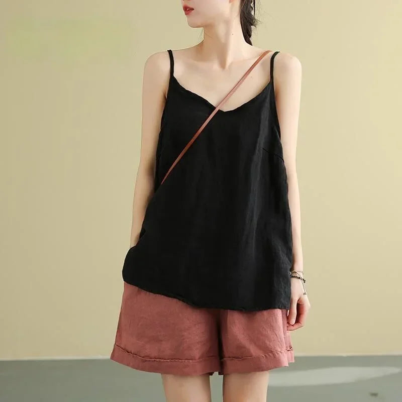 Women's Summer Top Cotton Linen Spaghetti Strap Top Women Halter V Neck Basic Yellow Sleeveless Tank Tops Loose Casual Camis