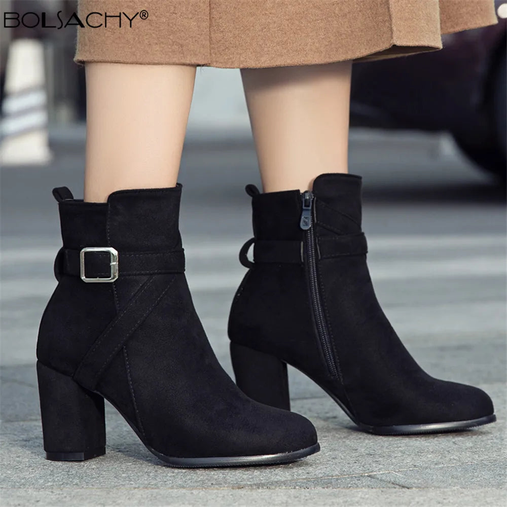 Women High Heels Ankle Boots 2025 Round Toe Elegant Short Booties Ladies Ankle Boots Buckle Decoration Black Blue Autumn Winter