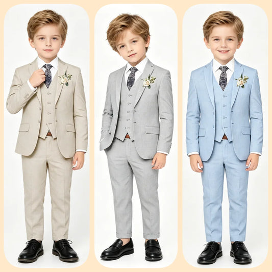 Handsome Linen Boys Suit 4-Piece Set with Floral Bow Tie 2026 Classic Formal Blazer Vest Pants for Ring Bearer Wedding Party