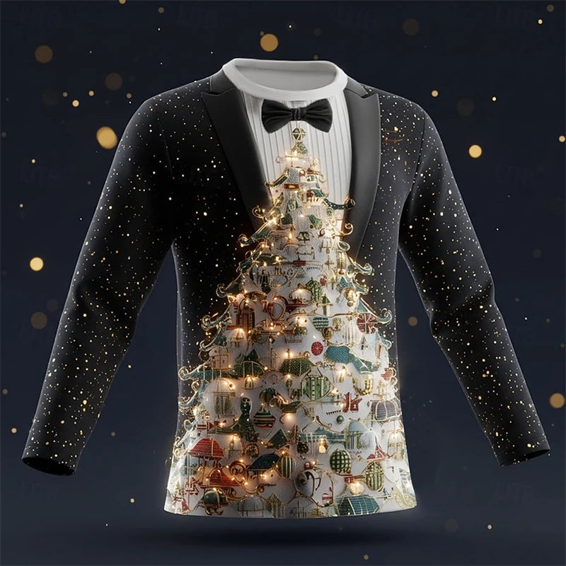 Neon Light Realistic Suit Pattern Christmas T Shirt For Men Funny Fashion 3D Printed Long Sleeve T-shirts Casual Oversized Tees