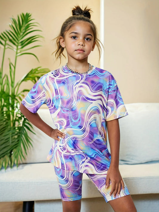 Girls' Casual Outfit Set: Short-Sleeve Top + Tight Shorts Two-Piece Set, Blue and Purple Striped Tie-Dye Print Clothing, Fashionable and Versatile, Suitable for Children Aged 4-11, for Home and Outdoor Wear