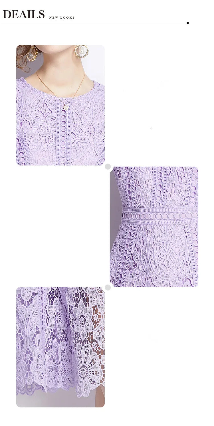 SMTHMA Vintage High-End O-Neck Short Sleeve Lace Hollow Out Dress For Women's Summer Slim Elegant Long Dress Female Clothing