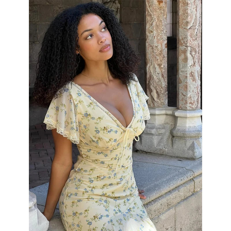 Vintage Print High Neck Midi Dress Belted Waist Bell Sleeve Flared Hem 2026 Summer Spring Chic Women Elegant Wedding Guest Gown