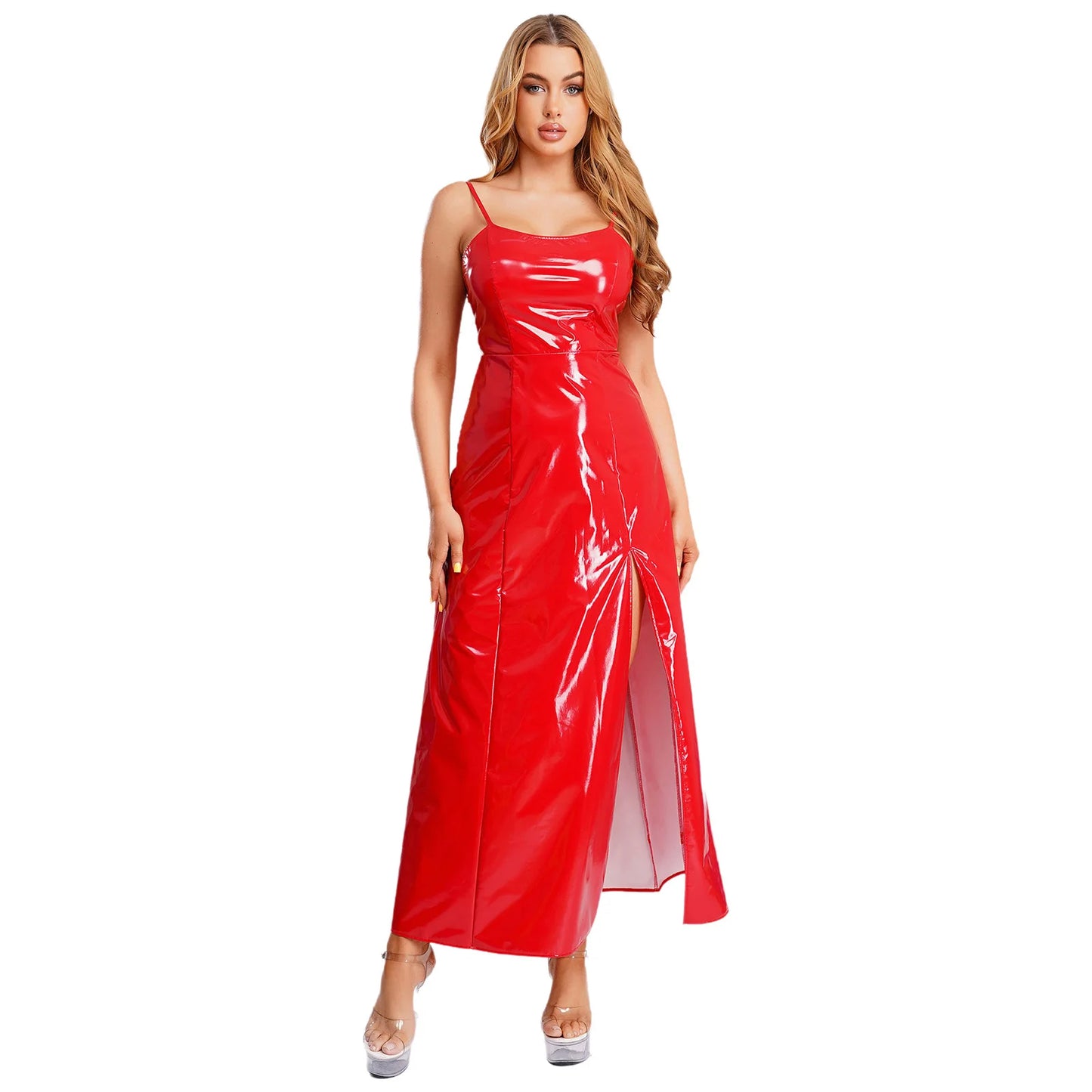 Womens Gothic Punk Glossy Maxi Dress PU Leather Side Slit Hem Back Lace-up Sling Bodycon Dress Raves Party Costume Clubwear