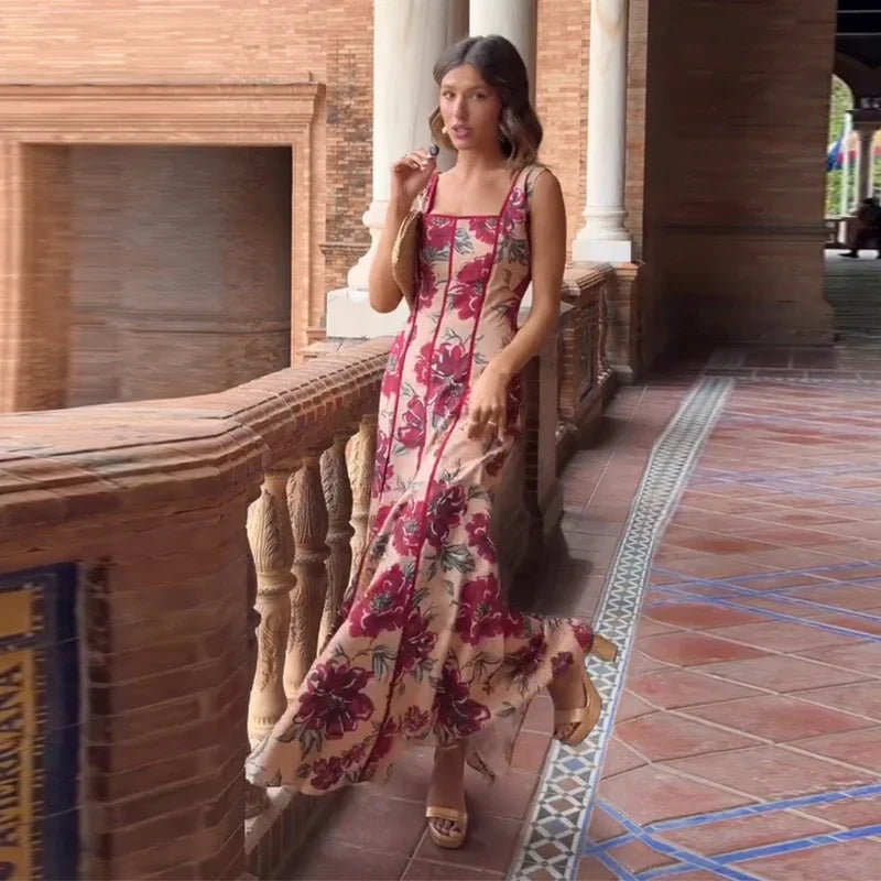 Sexy Printed Flower Long Women's Dress Sleeveless Waist-Closed Slash Neck Lady Dresses Summer Sling Vacation Holiday Robe