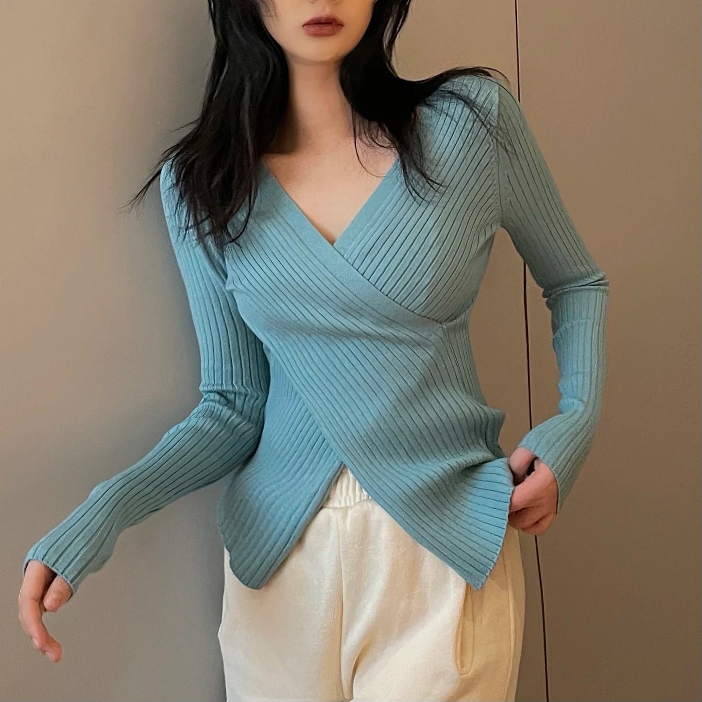 Ribbed Knit Surplice Sweater for Women Pullovers Long Sleeve Plain Jumper Teen-girl Fall Winter Balletcore Chic Outfit