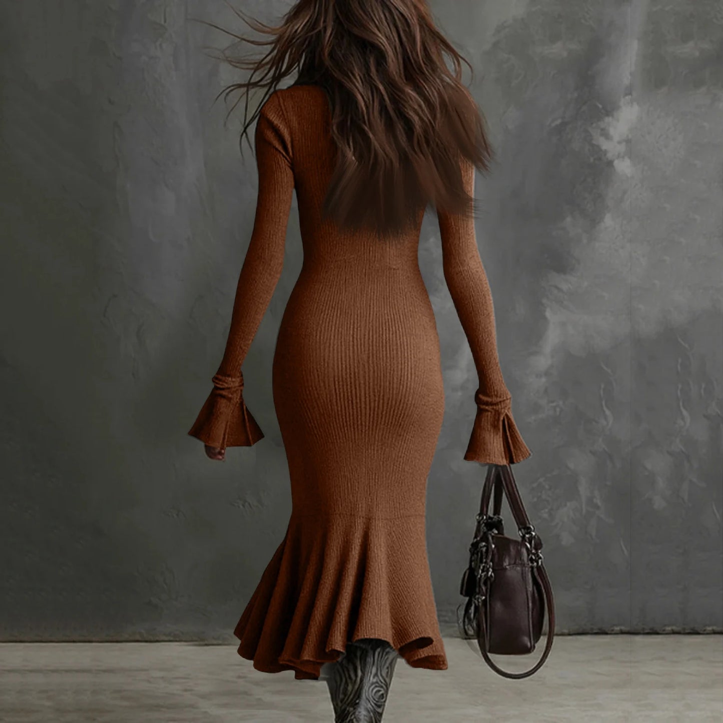 Fall Winter Sweater Dress Quarter Zip Bell Sleeve Mermaid Knit Bodycon Long Dress Trendy Chic Slim Fit Flared Hem Party Dress