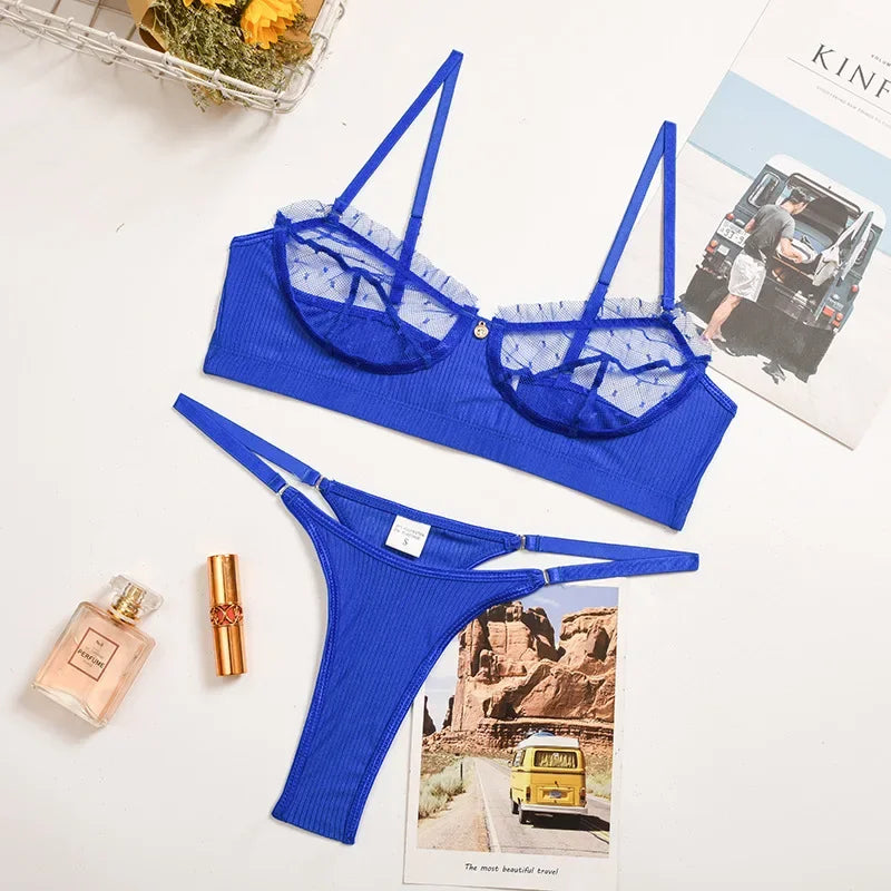 Sexy Fashion Transparent Lace Underwear Set Erotic Lingerie Women's Steel Ring Bra Panties 2-piece Set Sexy Hollow Pajamas Set