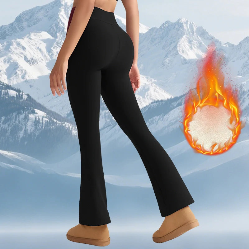 Fleece women's black high-waisted thermal leggings with flare