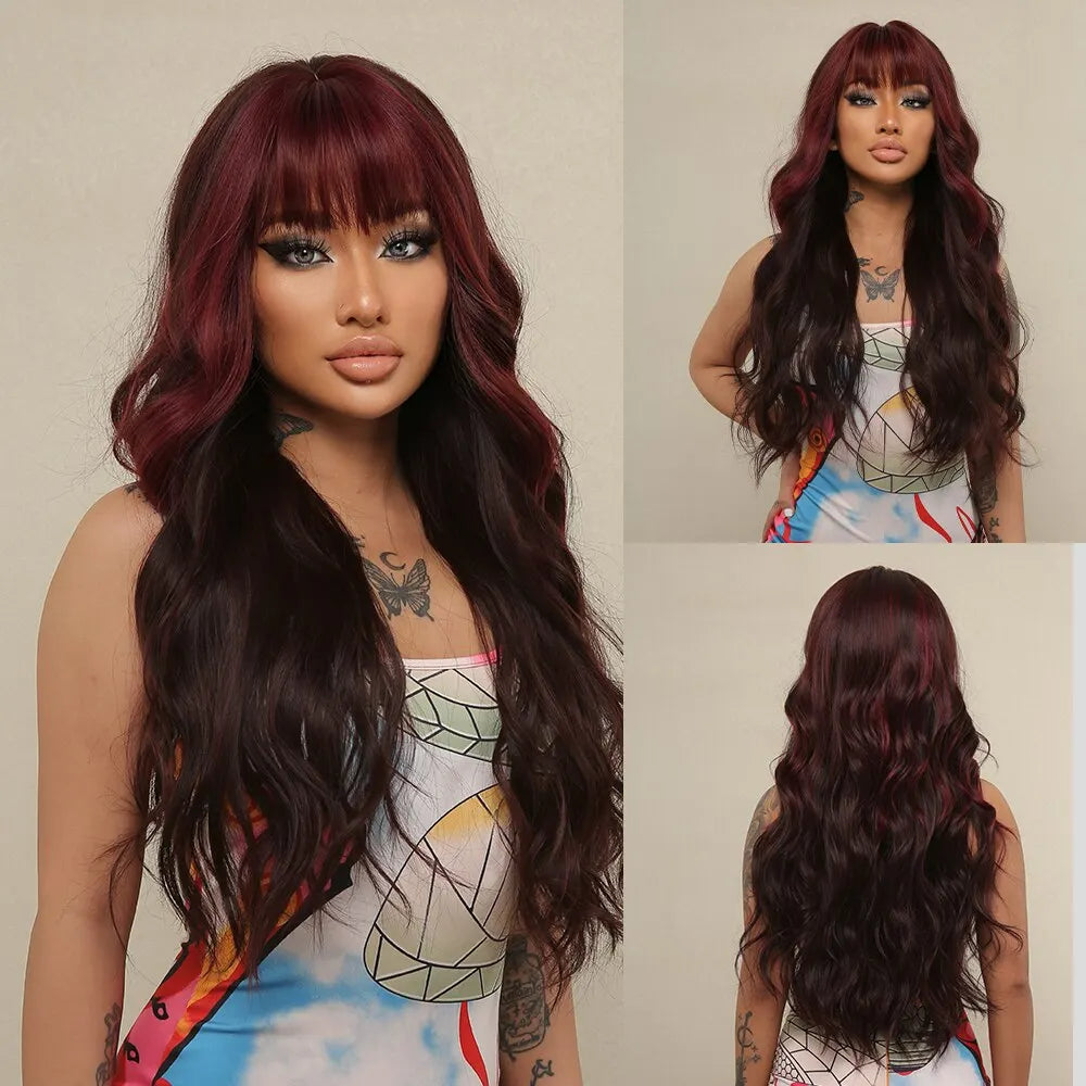 Wine Red Wigs for Women Long Burgundy Wavy Wigs with Bangs Cosplay Party Daily Wig Synthetic Fake Hair High Temperature Wig