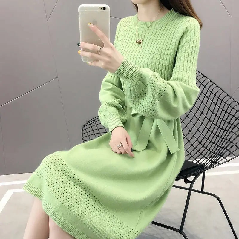 Solid O Neck Long Sleeve Sweaters Jersey Dress Elegant Fashion Harajuku Slim Fit Female Clothes Casual Sweat All Match Dresses