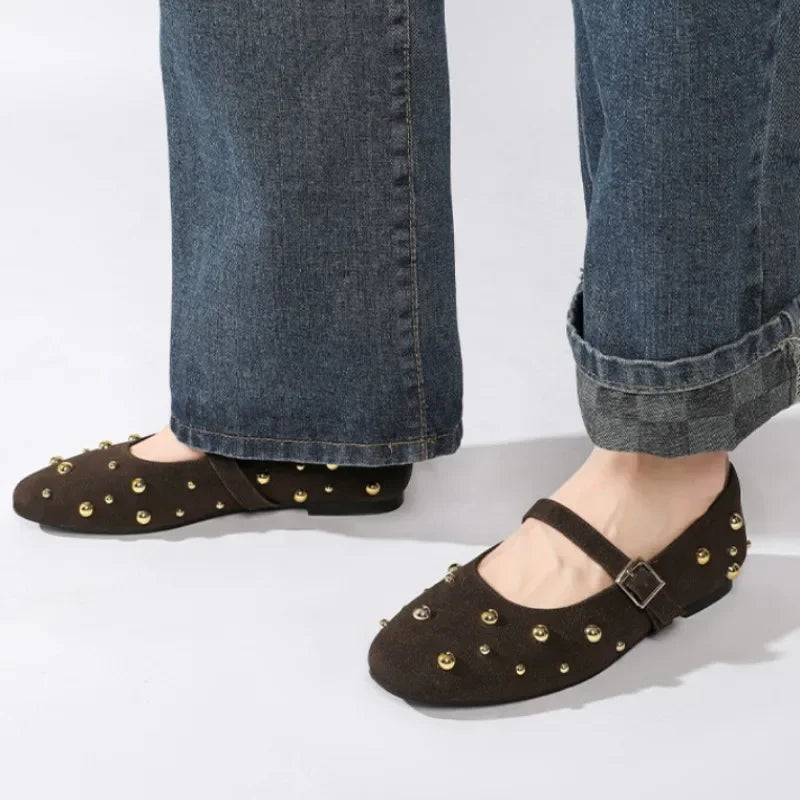 2025 Summer Brand Mary Jane Shoes for Women Fashion Rivet Suede Classic Retro Brown Casual Soft Bottom Comfortable Ladies Flats