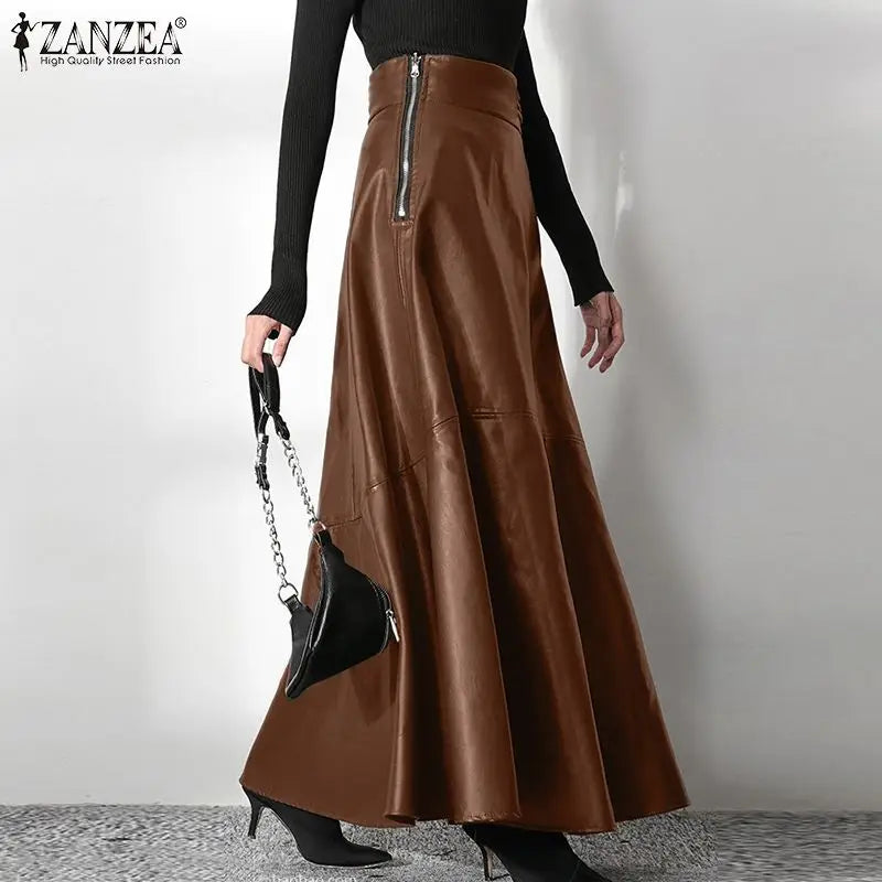 ZANZEA Women's PU Leather Maxi Skirt 2025 Autumn Elegant OL Long Saias Fashion Solid Mujer Faldas Casual High Waist Zipper Jupe