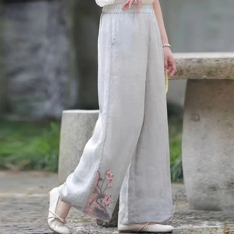 Chinese Style Vintage Embroidery Casual Trousers Women Summer Pants Literature Art National Style Retro Embroidery Bottoms