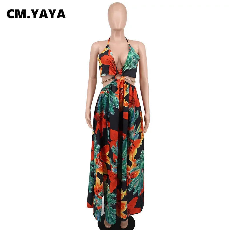 CM.YAYA Elegant Women Floral Halter V-neck Backless Cut Out Waist Chain Sleeveless High Side Split Fit Flare Maxi Long Dresses