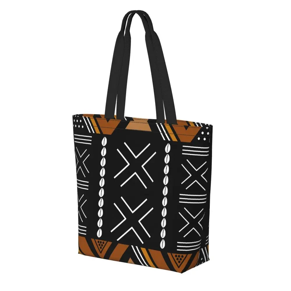 African Ankara Prints Grocery Shopping Tote Bags Women Geometric Ethnic Art Canvas Shoulder Shopper Bags Big Capacity Handbag