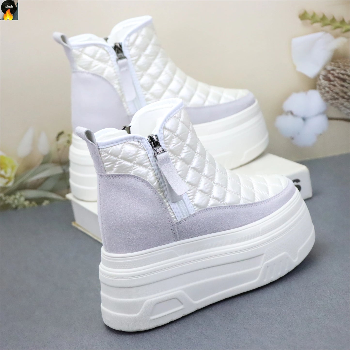 12cm Winter Leather Silver Women Snow Boots Thick Sole Waterproof Warm Platform Boots Women Plush Mid-calf Boots Increases Heigh