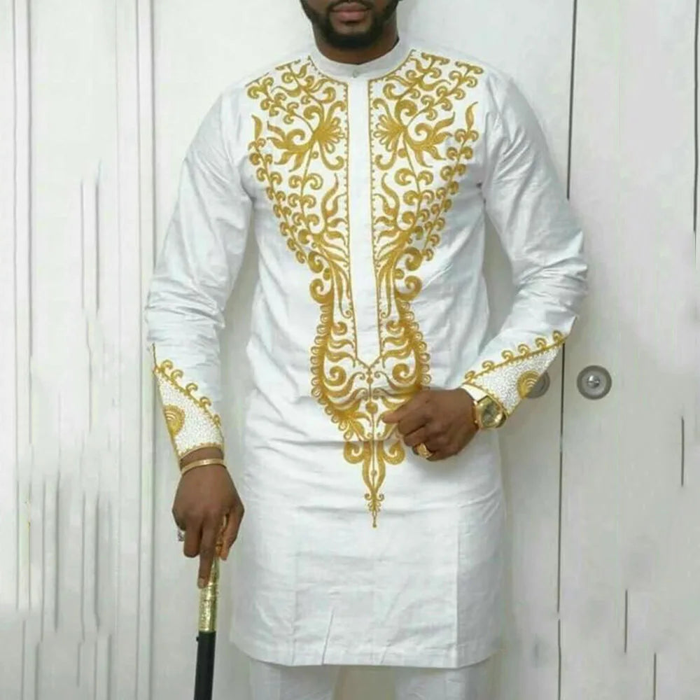 African Traditional Man Outfit Men 2PCS Suits Long-sleeved Round Neck Male Sets Shirt Top Pant Ethnic Style Casual Wear clothing