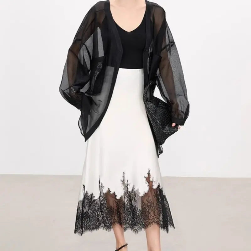 Elegant Lace-Trim Satin Midi Skirt Women Summer High Wasit Wrapped Hip Slim Long Skirts Fairy Fashion Office Women Clothing New