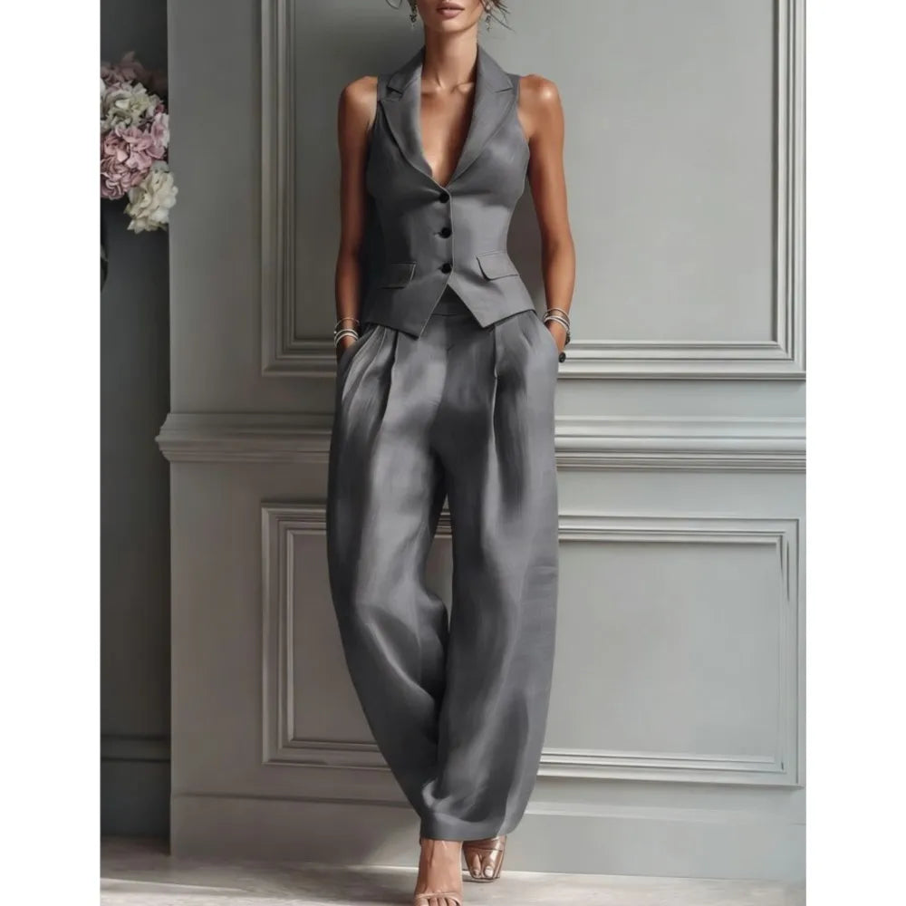 Summer New Fashion Single-breasted Sleeveless Top + Trousers 2-piece Set Women's 2026 Slim Vest Suit Collar Trousers Office Suit